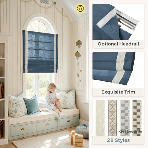 Image of TWOPAGES Liz No Drill Cordless Roman Shades Linen Textured Roman Blinds for Windows, Custom Made Room Darkening Blackout Roman Window Shades, Hardware Included, Aegean Blue, 1 Piece