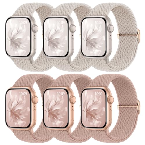 Image of 6 Pack Braided Stretchy Bands Compatible with Apple Watch Band 38mm 40mm 41mm 42mm 44mm 45mm 46mm 49mm Women Men, Adjustable Nylon Solo Loop Elastic Straps for iWatch Series 11 10 9 8 7 6 5 4 SE Ultra