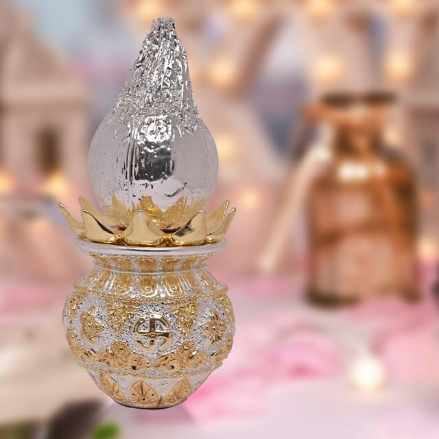 Image of Diviniti 999 Silver Plated Double Tone Kalash With Coconut for Grah Parvesh, Good Luck, Mandir, Temple, Wisdom, Pooja Thali Nariyal & Lota, Home Festival, Puja Room, Shagun Luxury Gift (19x4 CM, 760g)