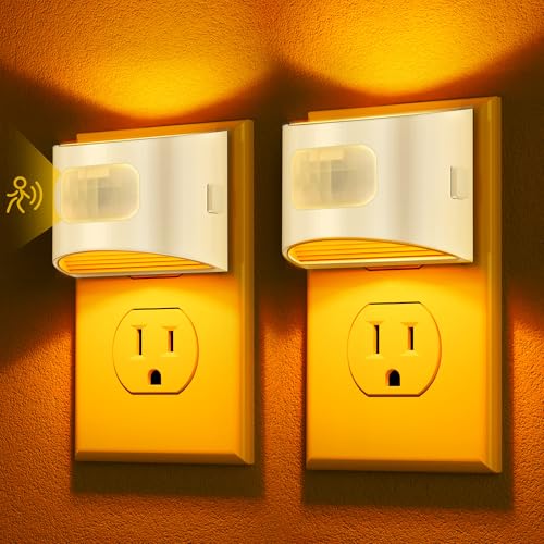 Image of DORESshop LED Night Light[2 Pack], Night Lights Plug into Wall, Dimmable Plug in Night Light with Motion Sensor, Dusk to Dawn Sensor, Nightlights for Adults, Bedroom, Bathroom, Amber, White Cover