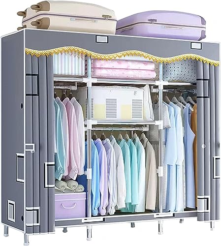 Armoire en tissu portable B-143x45x170cm avec penderie et étagères de rangement