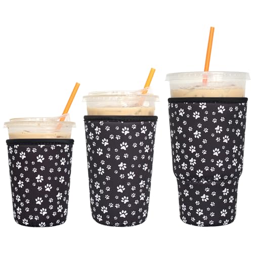Image of 3 Pack Reusable Iced Coffee Sleeves - Xumbtvs Insulator Sleeve for Cold Beverages, Neoprene Coffee Cup Holder (Black paw)