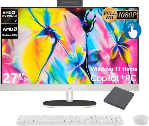 Image of HP 27 inch FHD All-in-One Touchscreen PC, AMD Ryzen AI 7 350, 16GB DDR5, 512GB PCIe SSD, Includes Wireless Keyboard & Mouse + External 9H 6-in-1 DVD Drive, Windows 11 Home, White