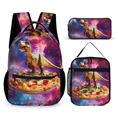 Dinosaur Standing on Pizza G-alaxy 3 PCS Backpack Set Casual Daypack with Insulated Lunch Bag & Pencil Case