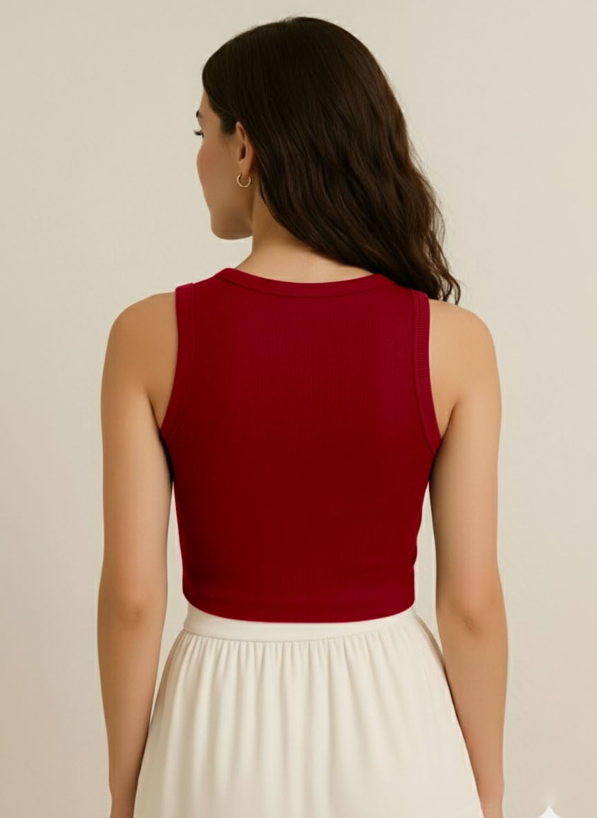 TIVANTE Solid Sleeveless Tank Crop Top with 3D Bow Embellishments | Trendy Round Neck Stretchy Casual Top | Soft Fabric Designer Western Tank Top for Women (in, Alpha, M, Maroon) - Image 2 thumbnail