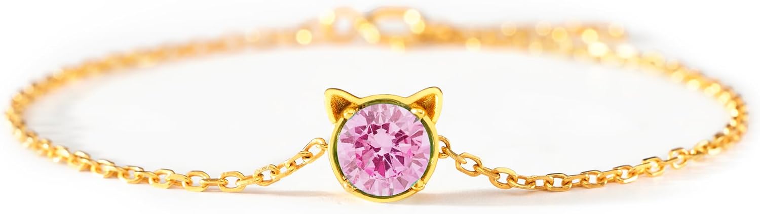 STORYJEWELLERY Cat Bracelet, Birthstone Bracelets for Women, 925 Sterling Silver Preppy Bracelets, Cat Jewelry for Women, Preppy Gifts, Birthday Gifts for Her