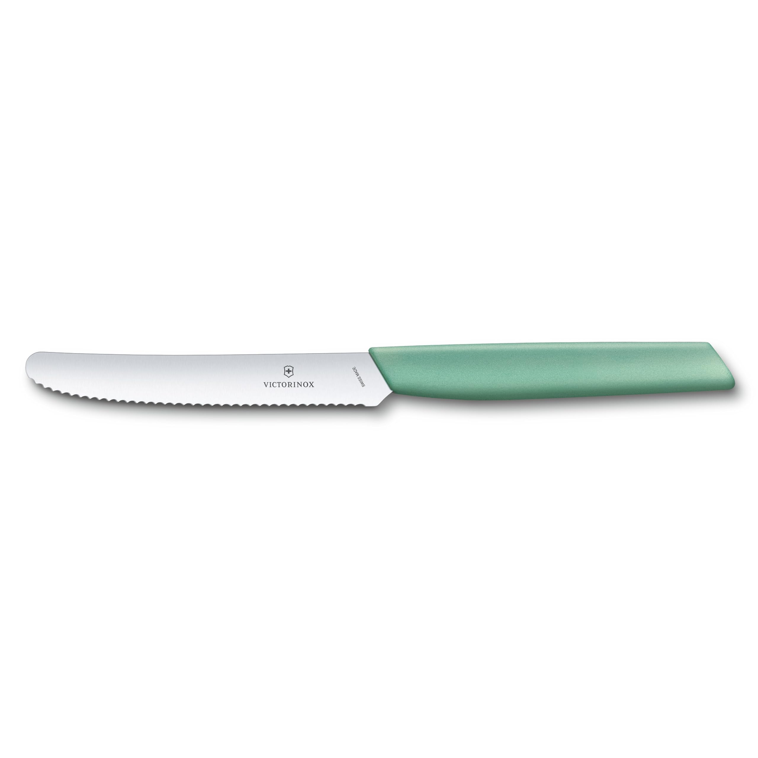 VICTORINOX 6.9006.11W41 Tomato and Table Knife, Sharp Small Knife, 4.3 inches (11 cm), Serrated Blade, Ergonomic, Elegant Design, Dishwasher Safe, Swiss Modern, Paring Knife, Fruit Knife, Mint