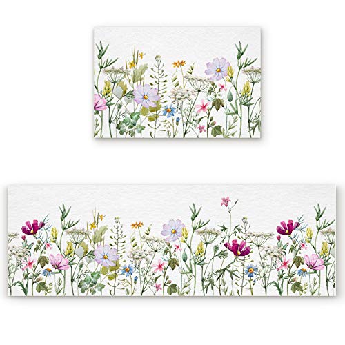 Kitchen Rugs Set Of 2, Spring Wild Flowers Kitchen Mats Rugs Non Skid Washable Anti Fatiguee, Vintage Floral Water Absorption Doormat Carpet For Bedroom/Bathroom/Living Room, 19.7X31.5In+19.7X47.2In #TOP11