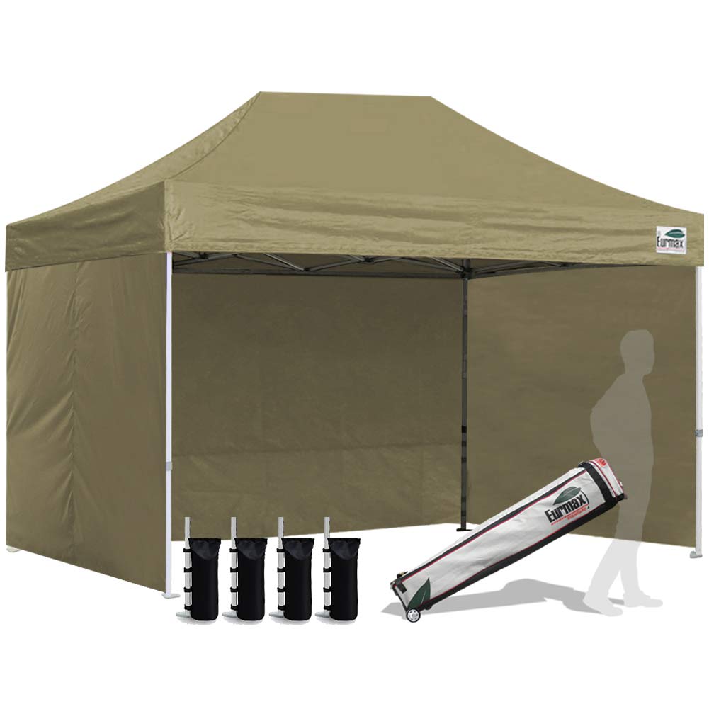 Eurmax USA 8x12 Pop Up Canopy Tent,Commercial Tent with Patented No-Tip Rolling Bag,4 Zippered Removable Walls,UV &amp; Water Resistant Canopy Top,Heavy Duty Outdoor Gazebo,Instant Shelter(Khaki)