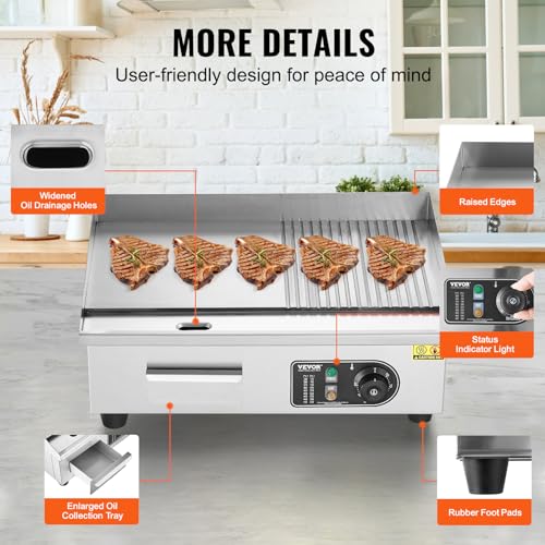 Image of VEVOR Commercial Electric Griddle, 1600W Countertop Half-Flat Top Grill, 22in Stainless Steel Griddle Grill with 2 Shovels and 2 Brushes for Home or Restaurant, 122℉-572℉ Adjustable Temp