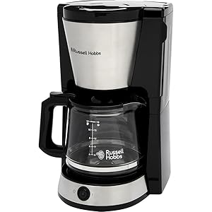 Russell Hobbs Cafetera de Goteo, jarra de vidrio de 1,25 l, 10 tazas, mantenimiento calor 40 min, función de pausa para servir, acero inoxidable cepillado, iluminación azul, Heaton 27400-56