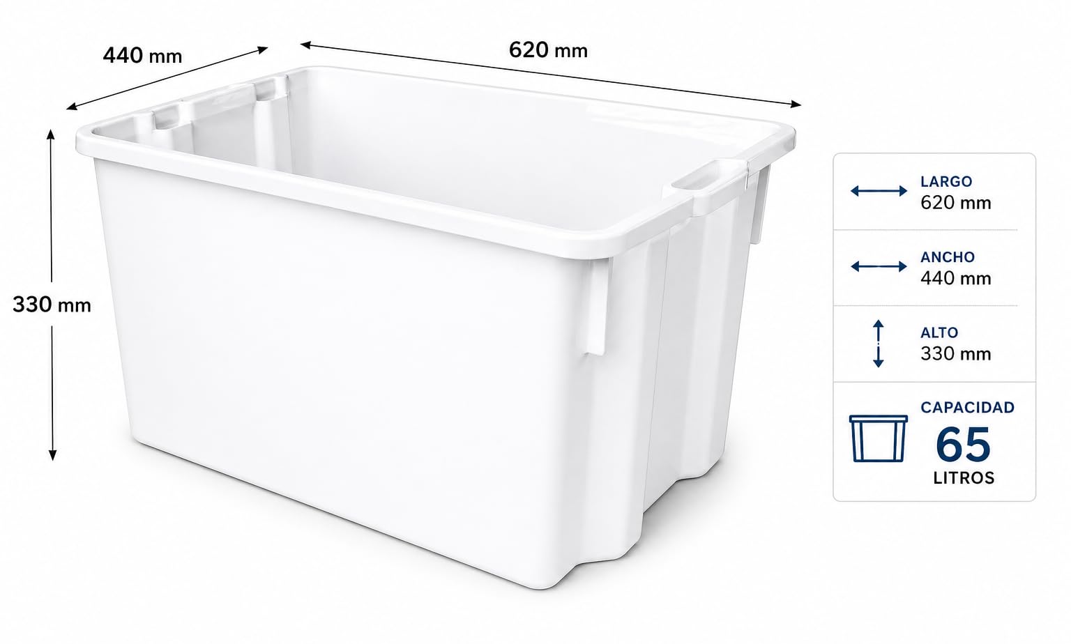 Cubeta Plastico con Tapa 65L Apilable | Caja Plastico Almacenaje Resistente y Ergonómica, Polietileno, 630x450x350mm | Uso Alimentario y Industrial | Fácil Limpieza y Ahorro de Espacio