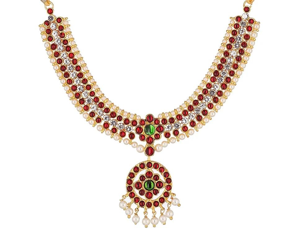 Taditional Necklace Pieces Temples Jewellery Peals And Kemp Stone .Temple Jewellery Primary Attraction Of Bharatanatyam, Kuchipudi Beautiful Women neck Piece.(KB:00144)-image-34