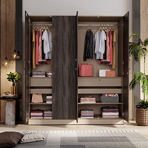 Image of Wakefit Wardrobe | 1 Year Warranty | Engineered Wood Almirah, Cupboard for Clothes Storage | 4 Door, 4 Shelves, 2 Drawers, 2 Trays, 2 Hanging Space | Cashmere Plus - Frappe-Wyoming Maple