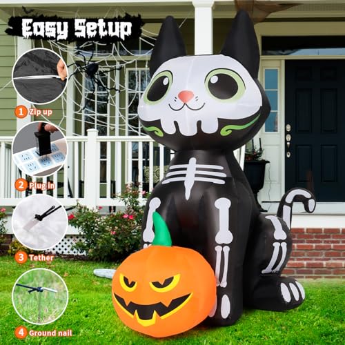 Image of GOOSH 5 FT Halloween Inflatables Skeleton Cat Outdoor Decorations Blow Up Yard Cute Black Cat with Pumpkin Built-in LEDs for Garden Lawn Indoor Party Decor