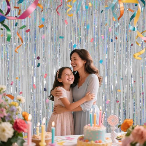 Image of Silver Foil Fringe Curtains Photo Backdrop for Birthday Party Decor | 3.28 x 6.56ft Metallic Streamer Doorway Tinsel Backdrop for Wedding, 1920s, Disco, Sweet 16, Frozen Party Deorations