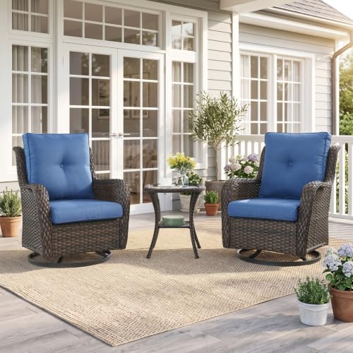 Image of Rilyson Patio Outdoor Wicker Swivel Rocker Chairs Set of 3, Blue Cushions | High Back and Deep Seating, All Weather, Water-Resistant, Removable Cover, Stain-Resistant, for Garden Backyard Deck