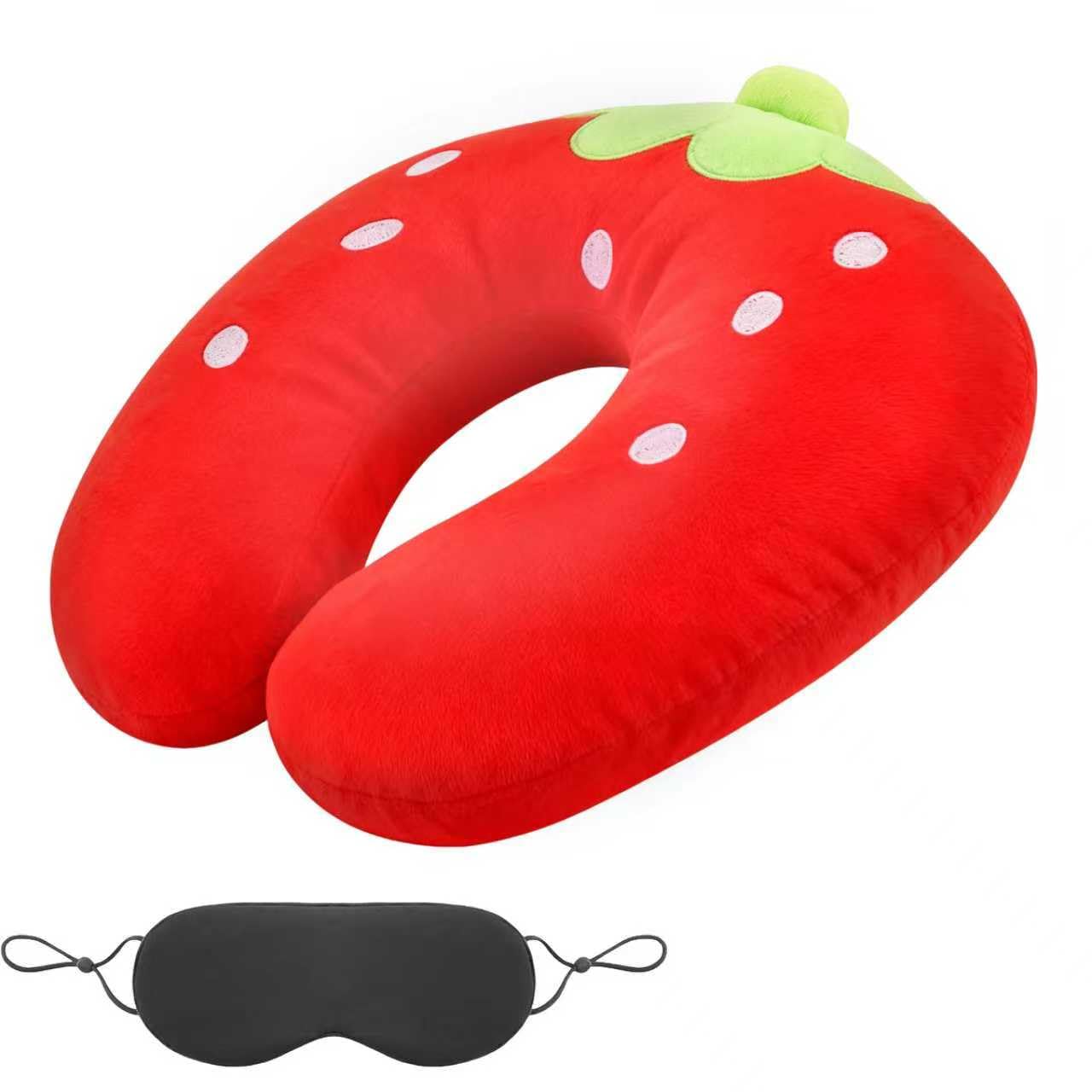 Nackenkissen Kinder Cartoon mit Schlaf Augenmaske - Reisekissen Kinder Weich und Bequem,Nackenstütze Reisekissen Erdbeerform für Mädchen,Nackenkissen Reise für Auto Flugzeug 27 × 27 cm (Erdbeeren)