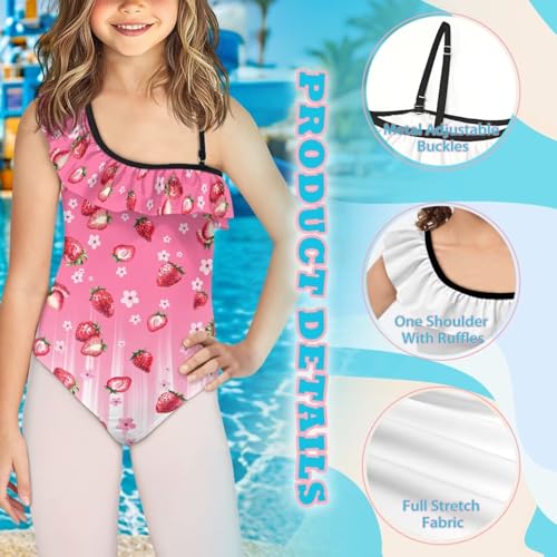 Binienty Girls One Shoulder Ruffle Bathing Suit Kids Strawberry Print One Piece Swimsuit Trendy Juniors Sleeveless Beachwear3