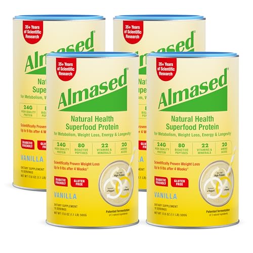 almased vanilla meal replacement shake - low-glycemic high plant base protein powder- nutritional weight health support supplement - vanilla flavor - 176 oz 11 pound 4 pack