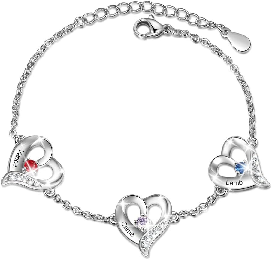 LanM Personalized Birthstone Bracelet for Mom, Custom Name Bracelets for Women with Heart, Mother Bracelet, Family Jewelry Gifts for Grandma Wife, Birthday Mothers Day Gift