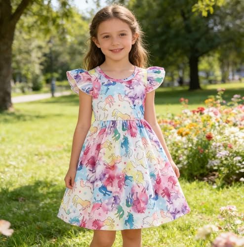 Image of Toddler Little Girls Casual Dresses Short Sleeve Crew Neck Graphic Cartoon Dress for 2-8 Years