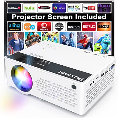 Puxinat Projector 7500 Lumen 1080P Full HD Supported, Mini Projector with 100â€ Screen, Portable Outdoor Home Movie Projector Compatible with TV Stick Smartphone & Tablet PC HDMI USB AV TF, White.