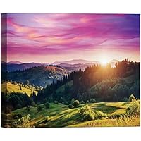 SIGNWIN Canvas Wall Art Sunrise Over Green Yellow Valleys Forest in Pink and Purple Sky Landscape Wilderness Realism Modern Panoramic Colorful for Living Room, Bedroom, Office - 12x18 inches