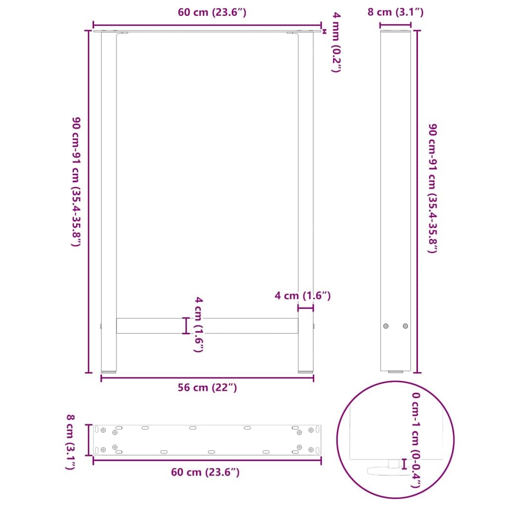 vidaXL Patas para Mesa de Bar Negras (2 Unidades, 60 x 90-91 cm, Acero)