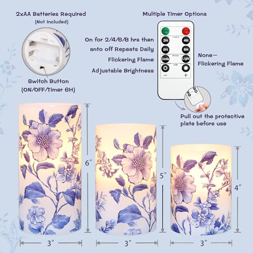 Image of Flameless Candles Blue and White Porcelain Floral Chinoiserie Decor Battery Operated with Remote Real Wax Dripless Candle Vintage Decorative for Christmas Gift Wedding Home Party Decor
