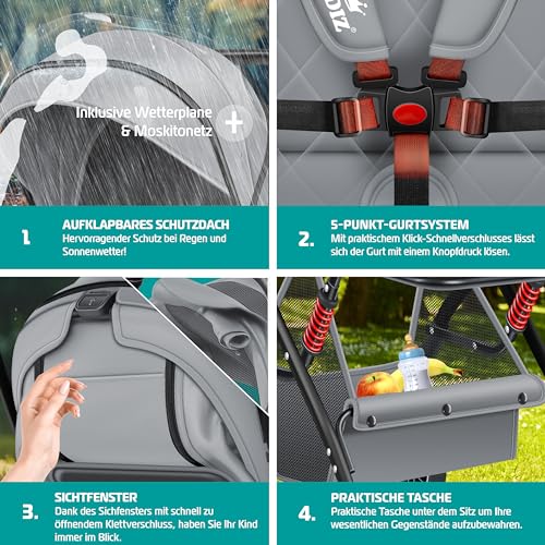 KIDIZ® Kinderwagen Kinderbuggy klappbar Liegebuggy Sportwagen Faltbar 360° Räder 5-Punkt Gurt Inkl. Fußsack, Getränkehalter, Regenabdeckung & Moskitonetz verstellbare Rückenlehne & Sonnenverdeck