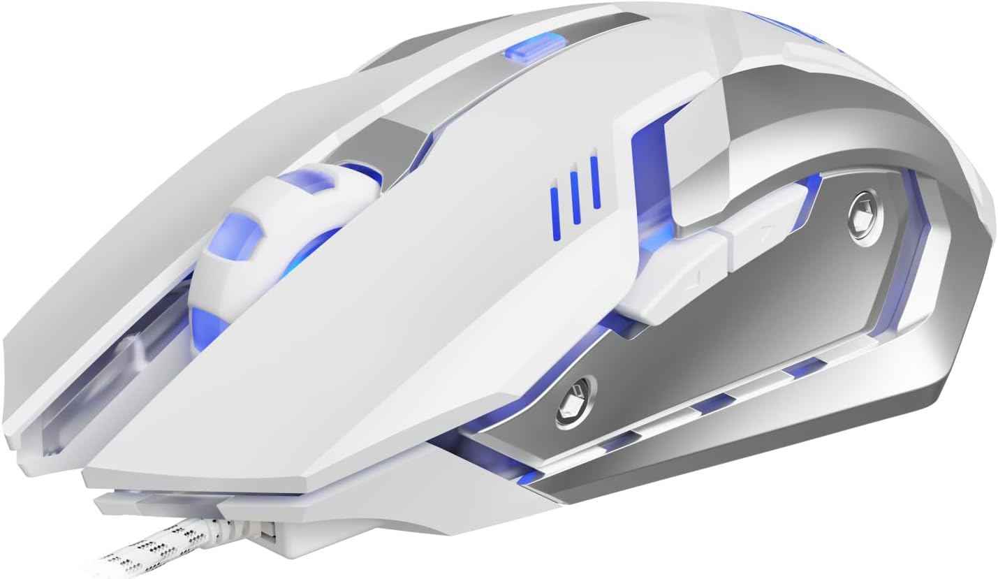 EWEADN G3 Kablolu Oyun Faresi, 2400 DPI Kablolu Optik Fare 6 programlanabilir makro düğme, metal taban, PC/dizüstü/Windows-White için 4 renkli solunum ışığı