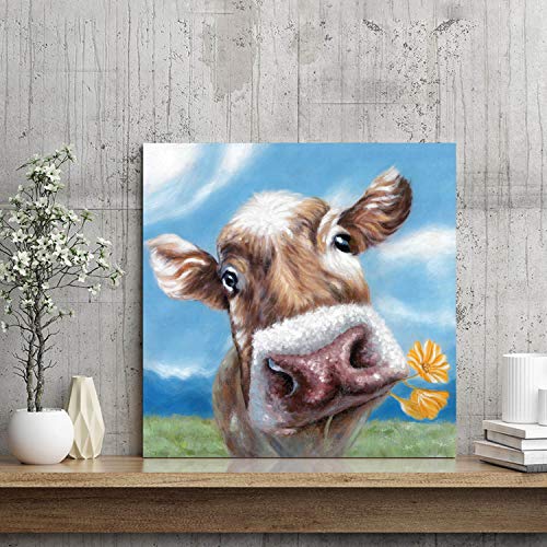 Hardy Gallery Animal Picture Cow Wall Art: Cute Cow Biting Flowers In The Mouth Canvas Painting For Living Room (24'' X 24'' X 1 Panel) #TOP2