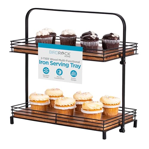 BIRDROCK HOME 2-Tier Wood & Iron Serving Tray w/Handle – Rustic Farmhouse Dessert Server – Party Display Stand - Cupcakes, Appetizers, Fruits & Pastries – Modern Kitchen Tiered Platter – Natural by BIRDROCK HOME - Used condition - US$25.25