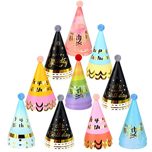 50 sombreros de fiesta de cumpleaños con pompones para niños y adultos, sombreros de papel bronceador arcoíris para manualidades, suministros de fiesta de cumpleaños, decoraciones Cover