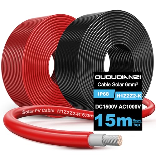 Oududianzi Cable Solar 6mm²/4mm² 15m, H1Z2Z2-K Cabo Placa Solar 10/15/20/30/50m, Cable Fotovoltaico Para Paneles Solares, Inversor y Regulador de carga (6mm² 2x15m)