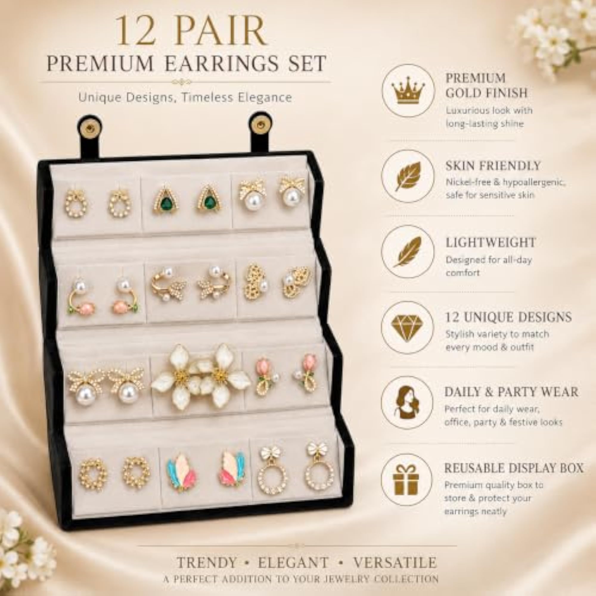12 Pairs Stylish Earrings Set with Organizer Box