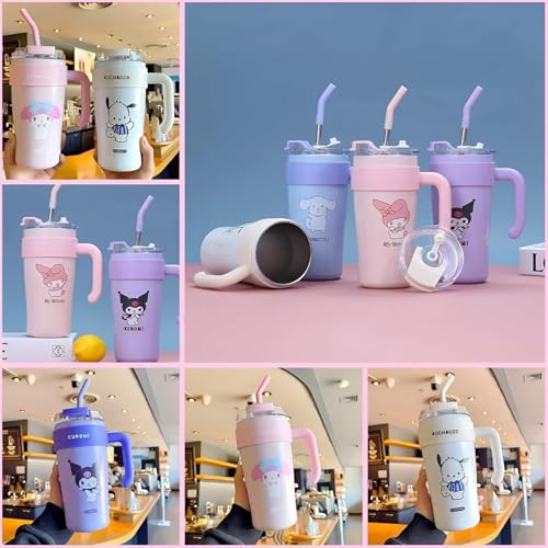 Image of Cute Cartoon Straw Tumbler 860ml with Handle | Doublewall-Reusable Sipper Cup with Lid for Kids & Teens | Lightweight Drinking Mug for Water, Juice & Milk (White)