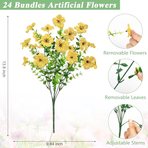 Image of Bassion 24 Bundles Artificial Flowers for Outdoors Fake Flowers, Yellow