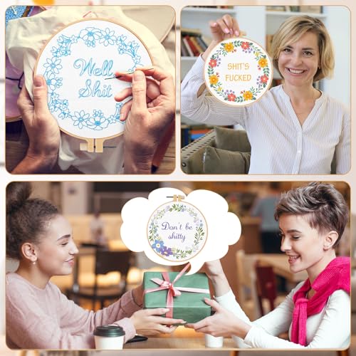 Image of Daifunli 3 Sets Funny DIY Embroidery Kits for Beginners Adults, Stamped Handmade Cross Stitch Starter with Floral Wreath Pattern Needlepoint Kit with 3 Embroidery Hoop, Color Threads, Tools