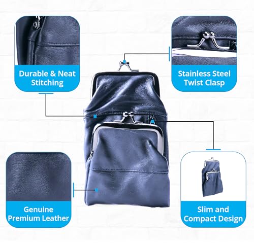 Leather Impressions snap Closure Cigarette Case - Handmade Genuine Leather Cigarette Case with Double Twist Clasp Pockets, 1 Zipper Pocket - Timeless Cigarette Case with Lighter 7"x4" (Navy)4