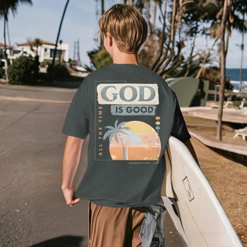 Image of KEEVICI Boys God is Good Shirt Christian Faith Shirts for Kids Jesus Beach Palm Tree Hawaiian Tshirt Graphic Tees Cotton Tops