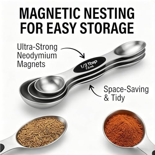 Image of Lishonn Magnetic Measuring Spoons Set of 9, Dual-Sided Stainless Steel Measuring Spoons, Fits Spice Jars, Accurate Kitchen Measuring Spoon Set, Dishwasher Safe