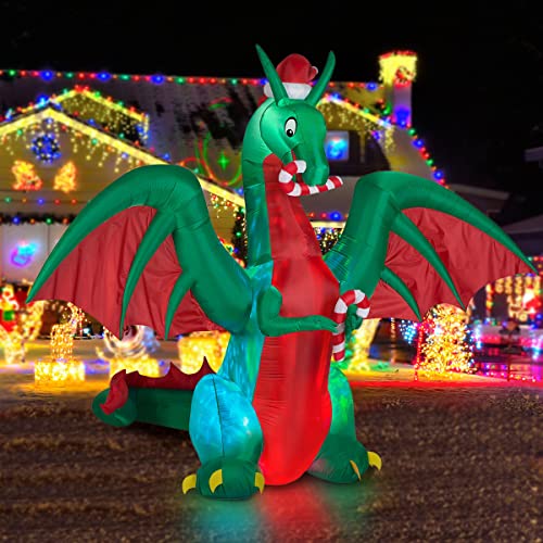 BLOWOUT FUN 8ft Inflatable Christmas Dragon with Candy Disco LED Lighted Blow Up Decor Indoor Outdoor Holiday Art Decor Decorations