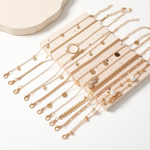 Image of 12pcs Gold /Silver Ankle Bracelets for Women Layered Waterproof 14k Cuban Link Chain Anklets Set Adjustable Dainty Summer Beach Gold Accessories Boho Bracelet Jewelry