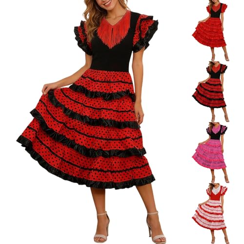 Bkazwe Robe Flamenca Sévillane pour Femme, Costume Flamenco Rouge à Pois avec Volants Élégants,...