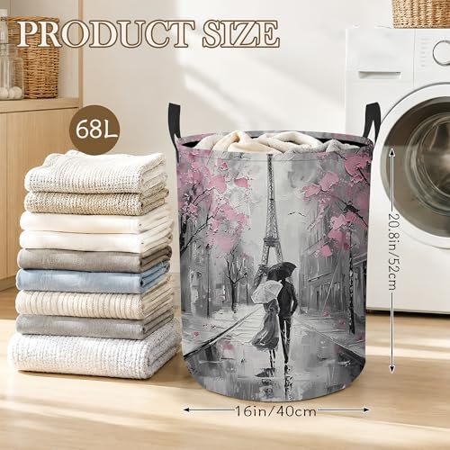 Image of Laundry Hamper, Eiffel Tower Collapsible Paris Street Laundry Baskets Waterproof Oxford Cloth With Handles, Clothes Storage Bucket For Room /Bathroom /Bedroom /Dormitories 16 inch x 20.8 inch
