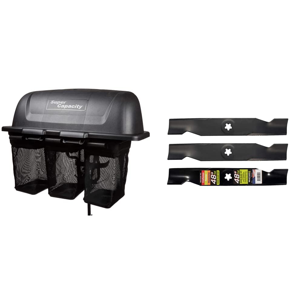 Husqvarna H34648SL 3-Bin Bagger (46-48 in. 3-Bin), Black & Maxpower 561735B 3 Blade Set for Many 48 in. Cut Craftsman, Poulan Mowers Replaces OEM #'s 173920, 180054, PP24005, Black