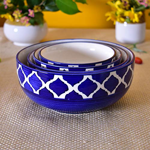 Image of Ceramic Mixing Bowl Set - 4 Pieces (1500ml, 800ml, 600ml, 400ml), Blue Umrao - Durable, Microwave & Dishwasher Safe - Ideal for Mixing, Serving & Storage