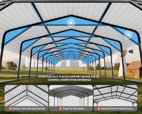 Image of Military-Grade Metal Carport 20x52 FT, Heavy- Duty Galvanized Steel Roof | 2x2 inch Steel Poles with Powder Coating, 15-Gauge Walls,120 PSF Snow Load Roof, Hurricane Resistant, Pickup, Truck, Black